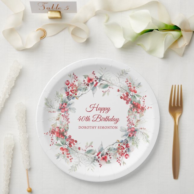 Elegant Winter Berry Botanical 40th Birthday Paper Plates (Wedding)