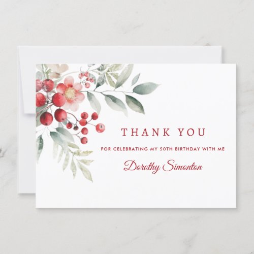 Elegant Winter Berry Botanical 50th Birthday Flat Thank You Card