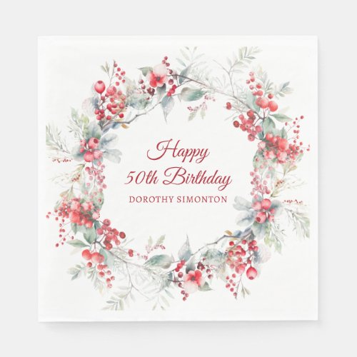 Elegant Winter Berry Botanical 50th Birthday Napkins