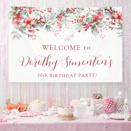 Elegant Winter Berry Botanical 50th Birthday Party Banner