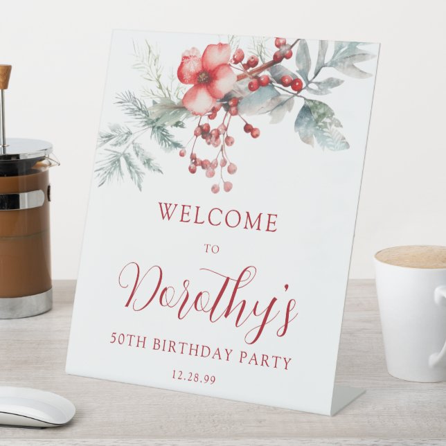 Elegant Winter Berry Botanical 50th Birthday Pedestal Sign (In SItu)