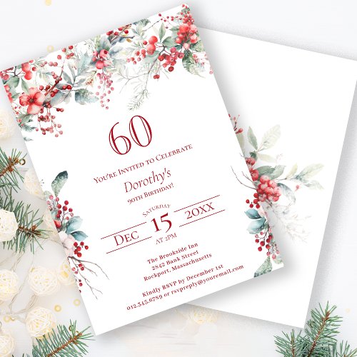 Elegant Winter Berry Botanical 60th Birthday Invitation