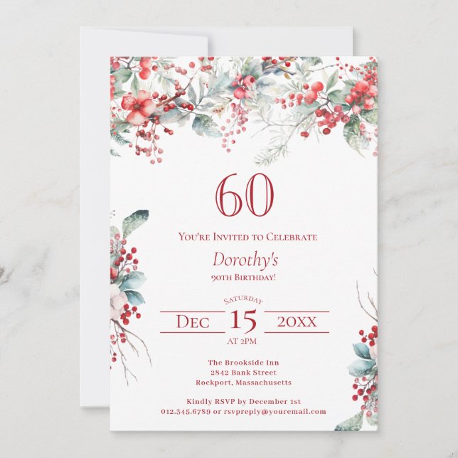 Elegant Winter Berry Botanical 60th Birthday Invitation (Front)