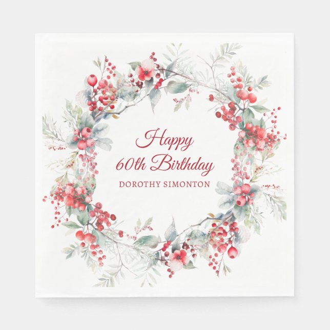 Elegant Winter Berry Botanical 60th Birthday Napkins (Front)