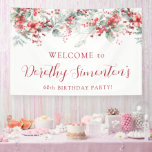 Elegant Winter Berry Botanical 60th Birthday Party Banner<br><div class="desc">Welcome guests to your 60th birthday party with this elegant winter floral welcome sign. A pretty arrangement of deep red berries, flowers and soft sage green leaves decorate the sign. The birthday celebrant's name is written in a large trending script font. The remainder of the text is a classic upright...</div>
