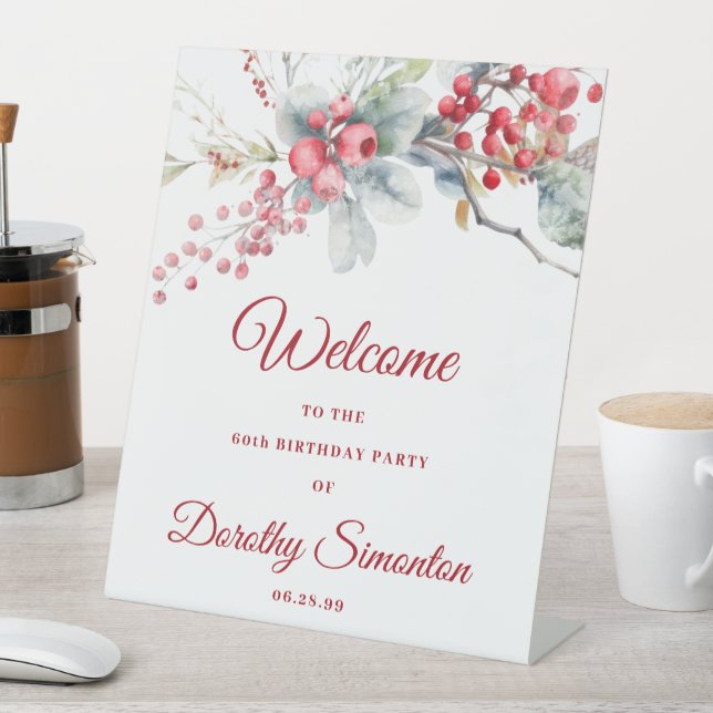 Elegant Winter Berry Botanical 60th Birthday Pedestal Sign (In SItu)