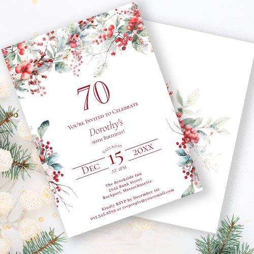 Elegant Winter Berry Botanical 70th Birthday Invitation