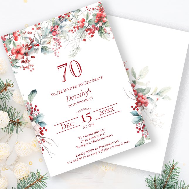Elegant Winter Berry Botanical 70th Birthday Invitation (Creator Uploaded)