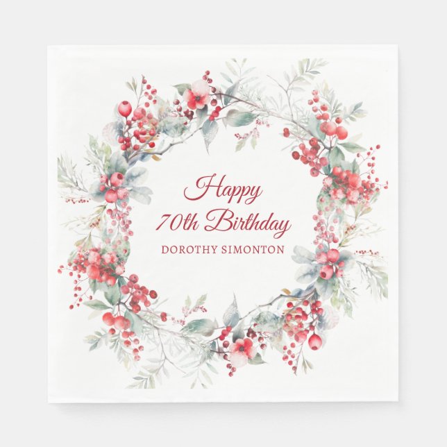 Elegant Winter Berry Botanical 70th Birthday Napkins (Front)