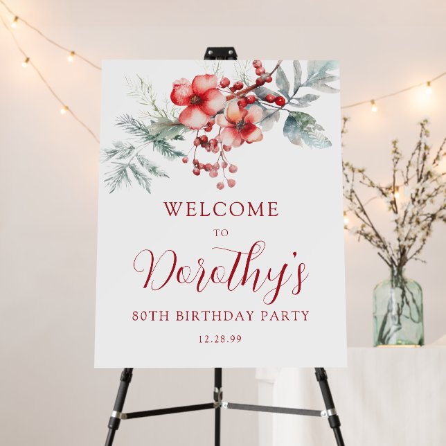 Elegant Winter Berry Botanical 80th Birthday Foam Board (In Situ (Stand))