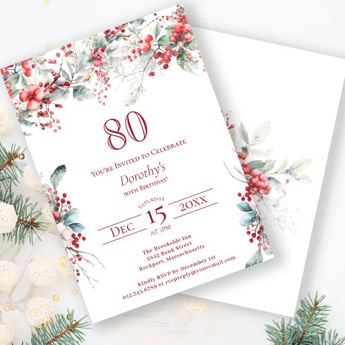 Elegant Winter Berry Botanical 80th Birthday Invitation