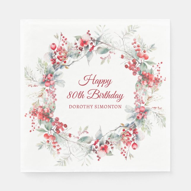 Elegant Winter Berry Botanical 80th Birthday Napkins (Front)