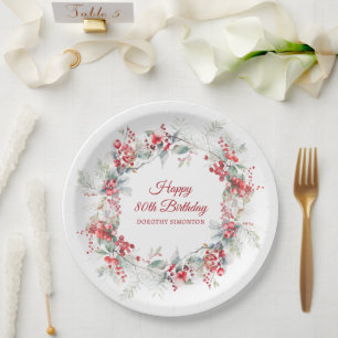 Elegant Winter Berry Botanical 80th Birthday Paper Plates