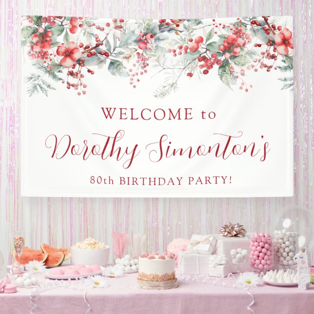 Elegant Winter Berry Botanical 80th Birthday Party Banner (Party)