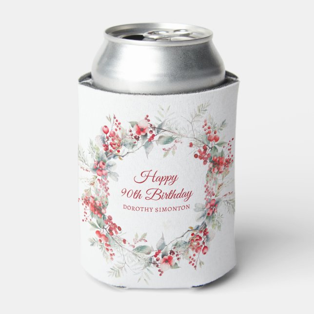 Elegant Winter Berry Botanical 90th Birthday Can Cooler (Can Front)