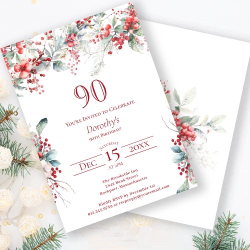 Elegant Winter Berry Botanical 90th Birthday Invitation