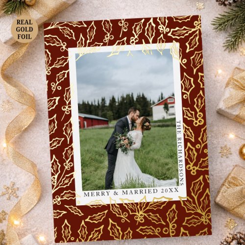 Elegant Winter Berry First Christmas Married Photo Foil Holiday Card