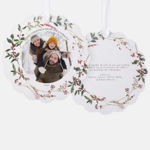 Elegant Winter Berry Merry Christmas Photo Wreath Ornament Card