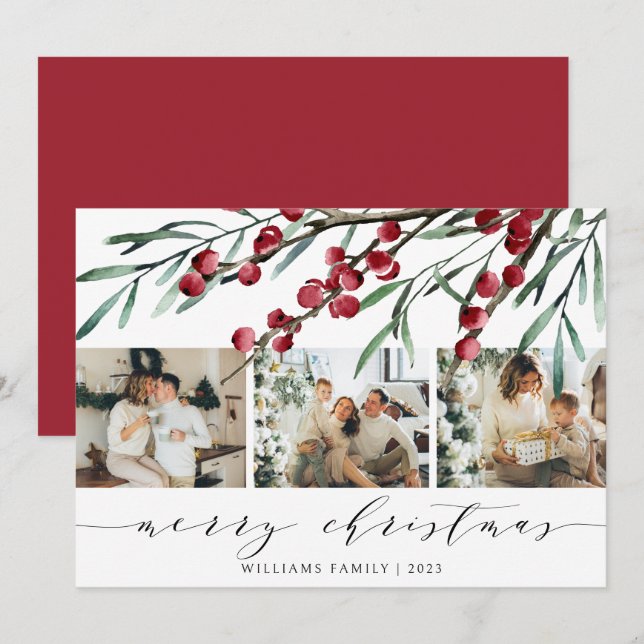 Elegant Winter Berry Script Christmas Three Photo Holiday Card (Front/Back)