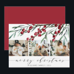 Elegant Winter Berry Script Christmas Three Photo Holiday Card<br><div class="desc">Greet your friends and loved ones a Merry Christmas this holiday season with this modern elegant postcard featuring watercolor winter berries,  botanical leaf stems,  three lovely photos of your family and a text you can personalize. (Placement photo by Elina Fairytale on Pexels. Kindly replace it with your own.)</div>