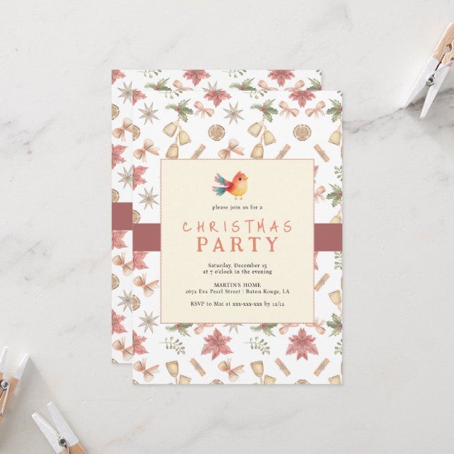 Elegant Winter Bird Christmas Dinner Invitation (Front/Back In Situ)