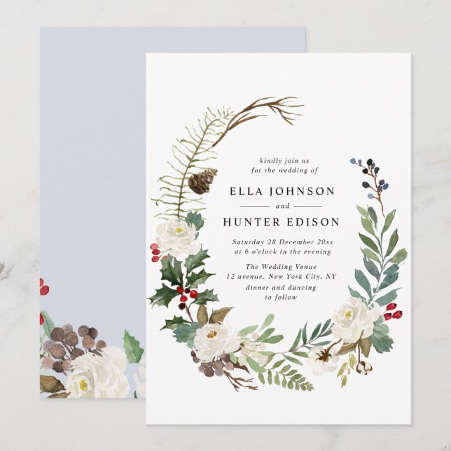 elegant winter blooms wedding invitation (Front/Back)