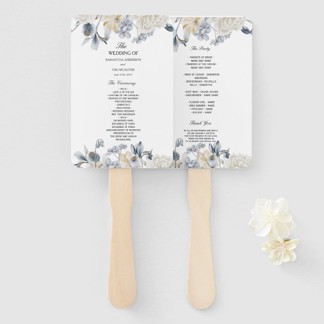 Elegant Winter Blue And White Flowers Hand Fan (Front and Back)
