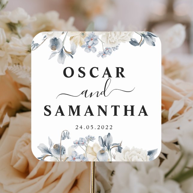 Elegant Winter Blue And White Flowers Square Sticker (Creator Uploaded)