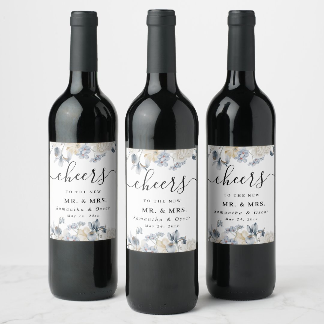 Elegant Winter Blue And White Flowers Wine Label | Zazzle