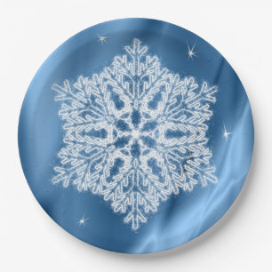 Elegant Winter Blue and White Snowflake Christmas Paper Plates