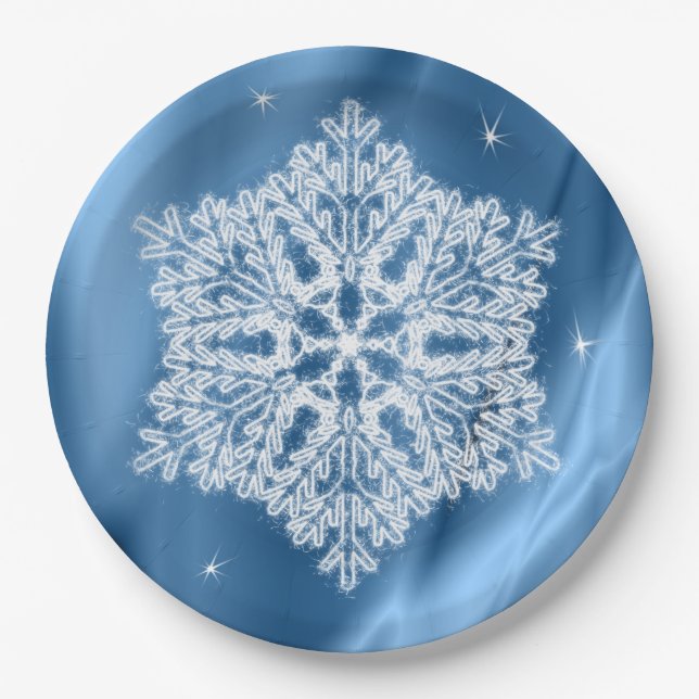 Elegant Winter Blue and White Snowflake Christmas Paper Plates (Front)