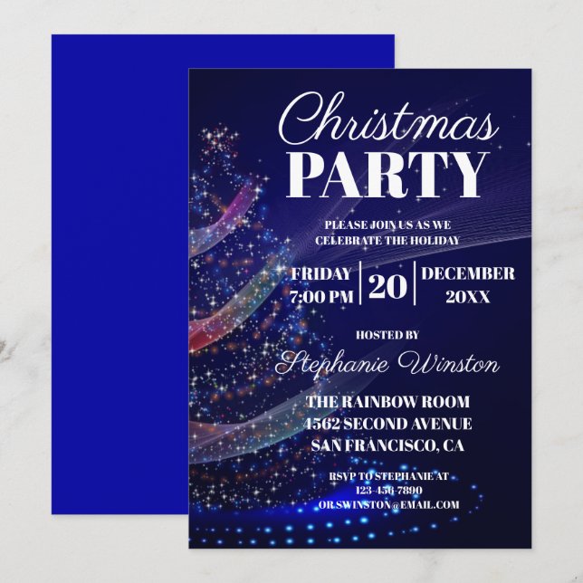 Elegant Winter Blue Christmas Tree Lights Invitation (Front/Back)