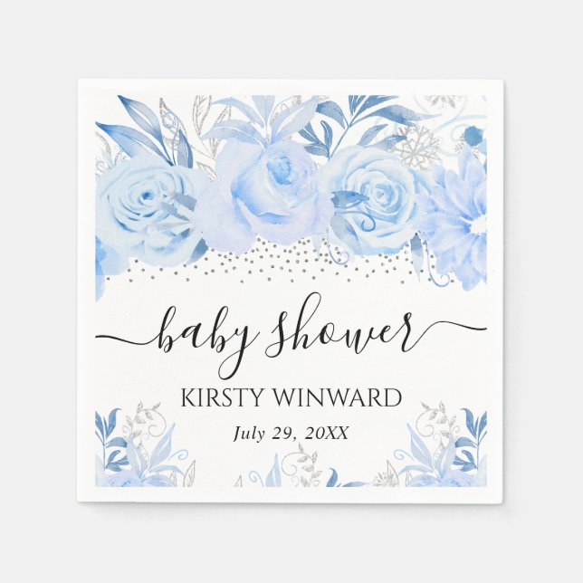 Elegant Winter Blue Floral Baby Shower Napkins (Front)