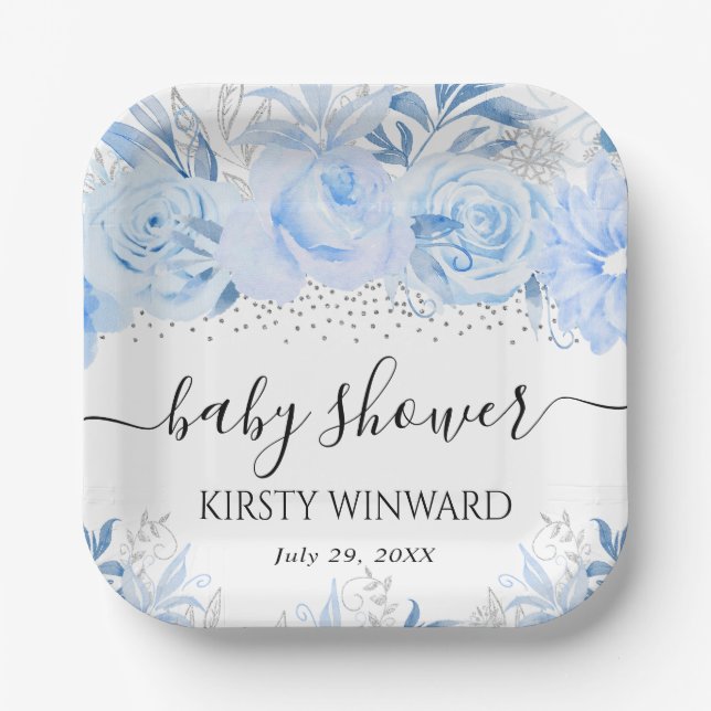 Elegant Winter Blue Floral Baby Shower Paper Plates (Front)