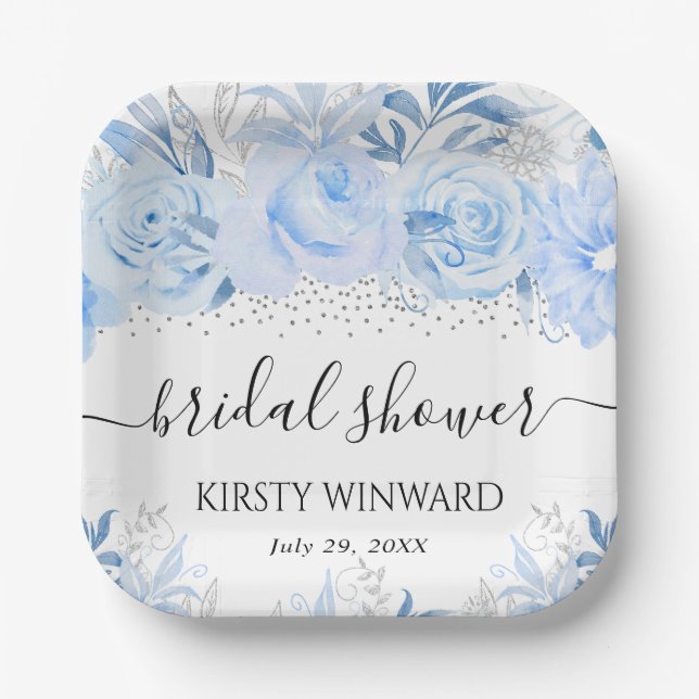 Elegant Winter Blue Floral Bridal Shower Paper Plates (Front)