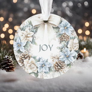 Elegant Winter Blue Floral Wreath Watercolor JOY Ornament