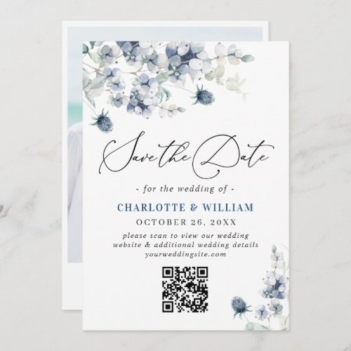 Elegant Winter Blue Foliage Boho Wedding QR code Save The Date
