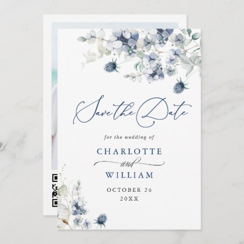 Elegant Winter Blue Foliage Boho Wedding QR code Save The Date