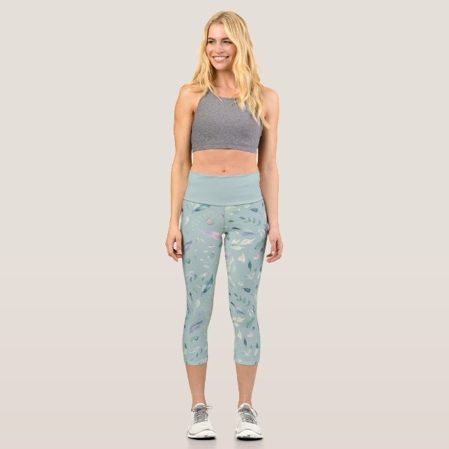 elegant winter blue foliage capri leggings (Front)