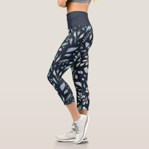 elegant winter blue foliage capri leggings