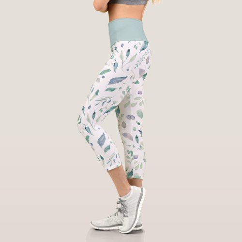 elegant winter blue foliage capri leggings