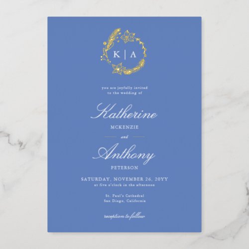 Elegant Winter Blue Gold Crest Monograms Wedding Foil Invitation