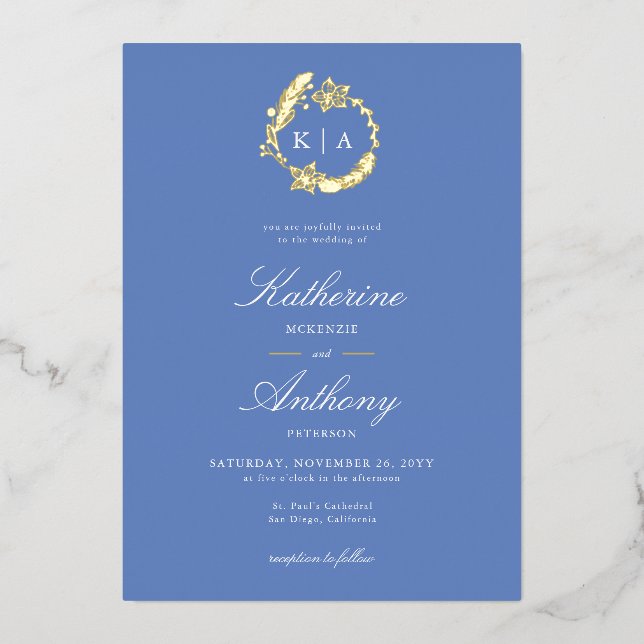 Elegant Winter Blue Gold Crest Monograms Wedding Foil Invitation (Front)