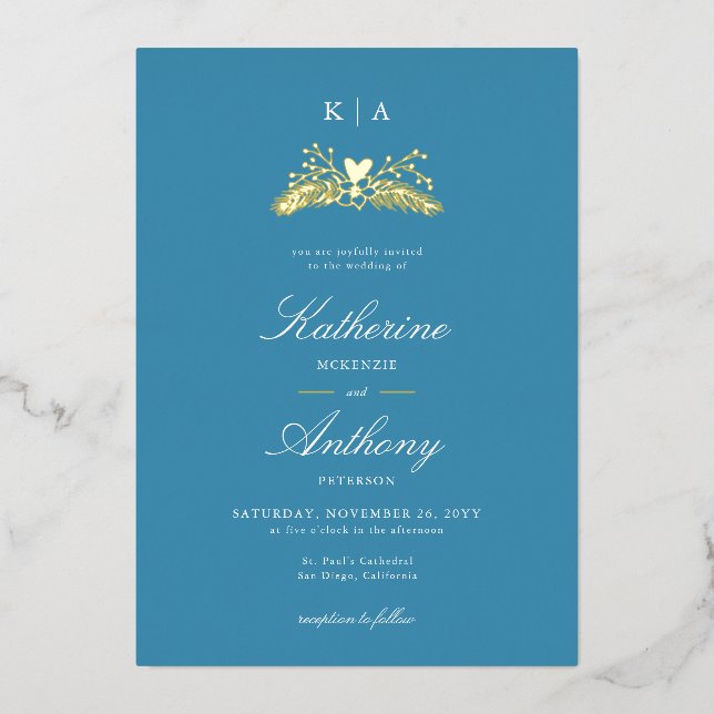 Elegant Winter Blue Gold Heart Monograms Wedding Foil Invitation (Front)