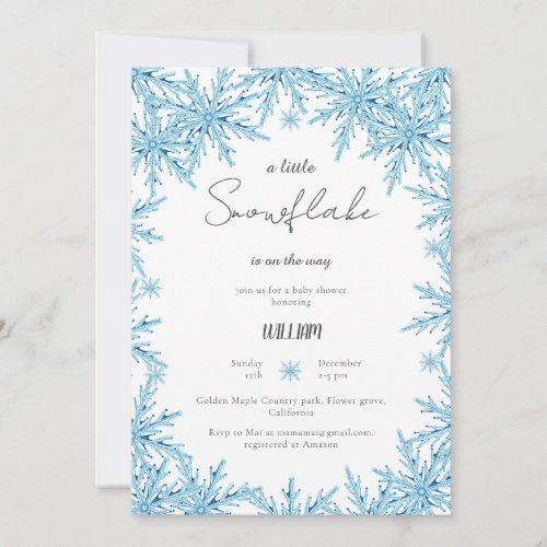 Elegant Winter Blue Little Snowflake Baby Shower Invitation