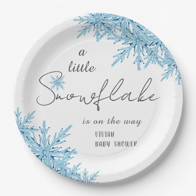 Elegant Winter Blue Little Snowflake Baby Shower Paper Plates (Front)