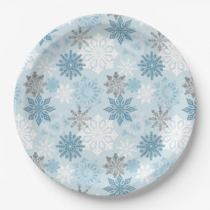 Elegant Winter Blue Silver Glitter Snowflakes Paper Plates