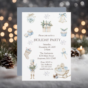 Elegant Winter Blue Watercolor Holiday Party Invitation