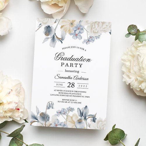 Elegant Winter Blue & White Floral Graduation