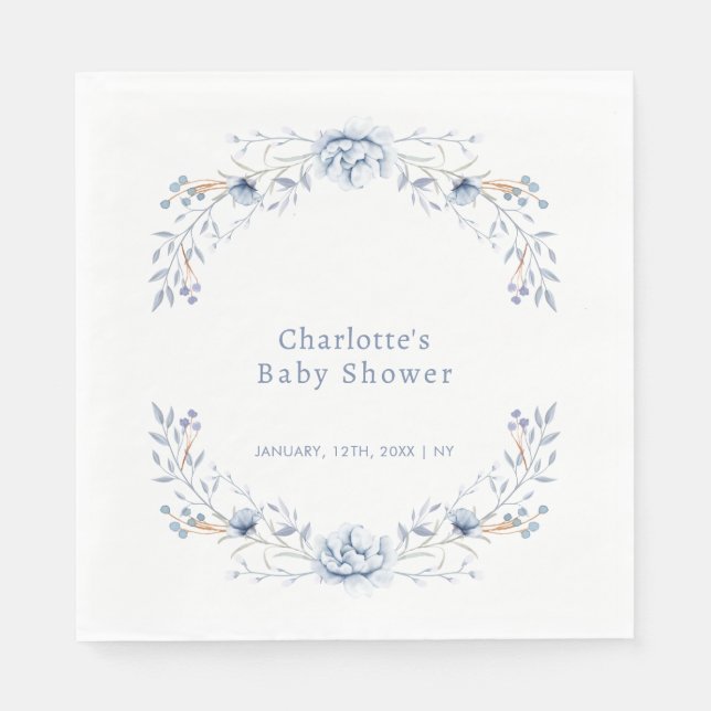 Elegant Winter Blue Wilflower Floral Baby Shower  Napkins (Front)